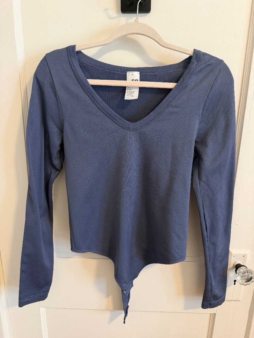 SO Blue Ribbed Long Sleeve Bodysuit | Size L | V-Neck Snap Bottom